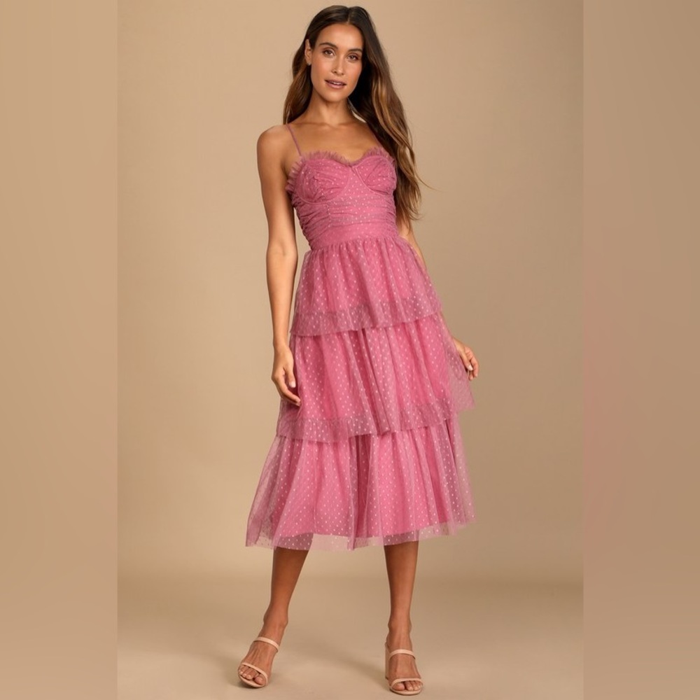 NWT Lulu’s Sweetheart Style Mauve Polka Dot Bustier Tiered Midi Dress